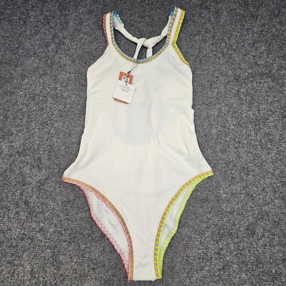 PQ Solange Ferrarini Swimsuit Womens L White Ribbed Crochet Trim One Piece NEW
